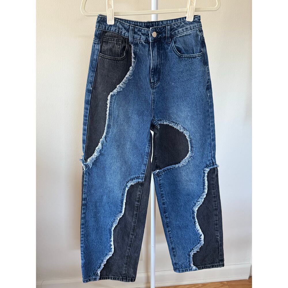 Cider 2 Tone Y2k Patchwork Black & Dark Wash Denim Jeans - XS Grunge Streetwear - Picture 2 of 6